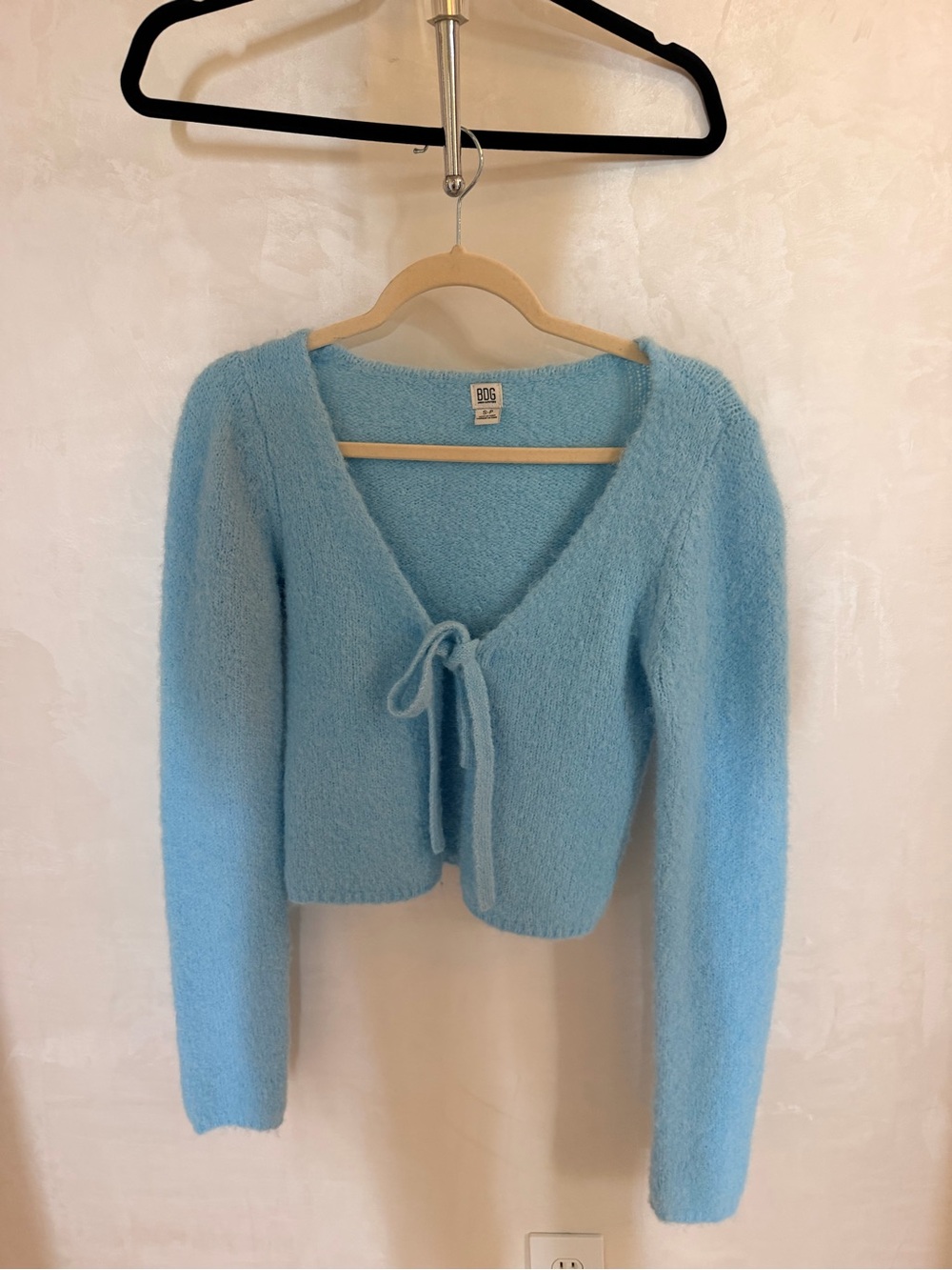 BDG Sky Blue Fuzzy Tie-Front V-Neck Cardigan